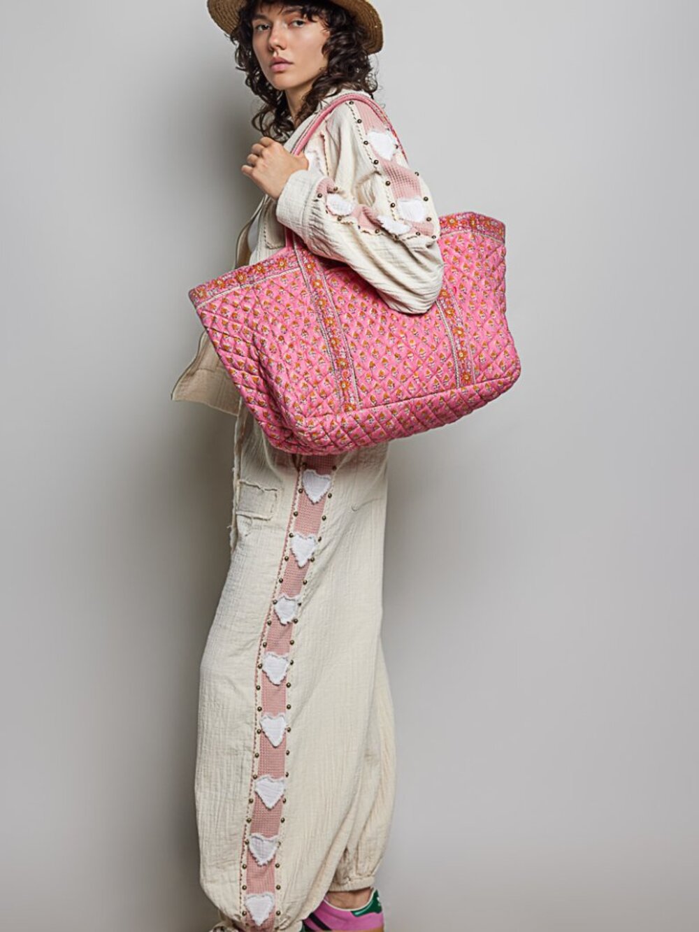 POL Pink / Yellow Quilted Floral Print Tote Shoulder Bag Large Travel NWT